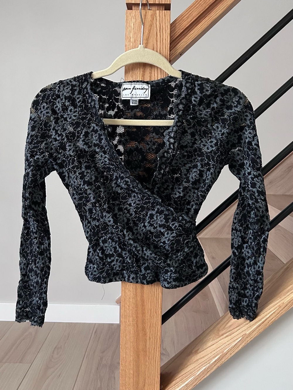 Vintage Ann Ferriday Black Floral Lace Wrap Top